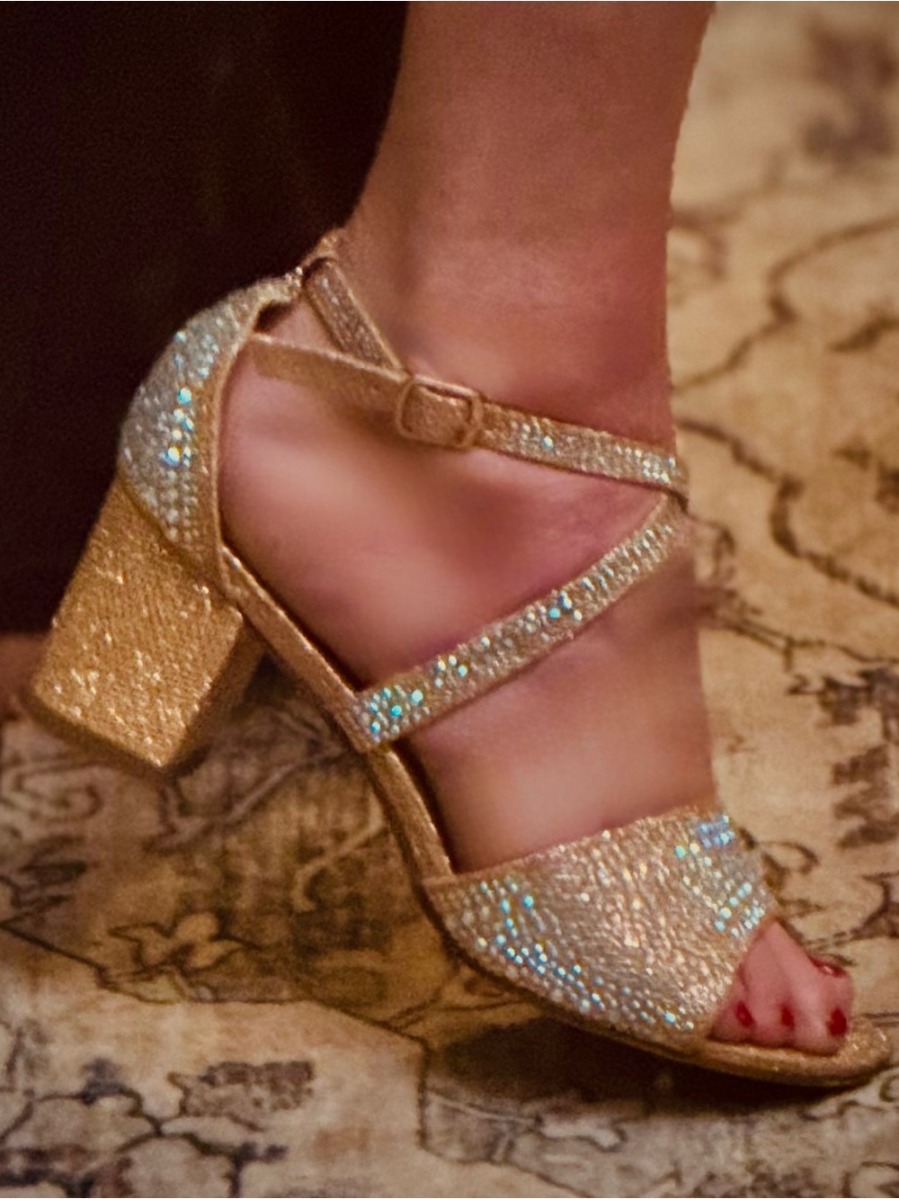Patrizia Sparkling Gold Block Heel Sandal - Open Toe Strappy Dress Shoe